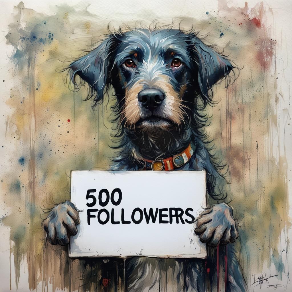 Dog Celebrates 500 Followers, Impressionist Watercolor