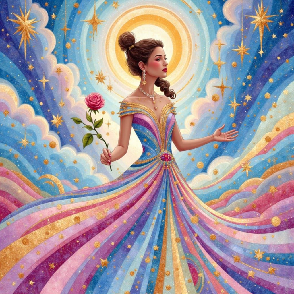 Ethereal Woman in Fractal Haze with Hanging Stars