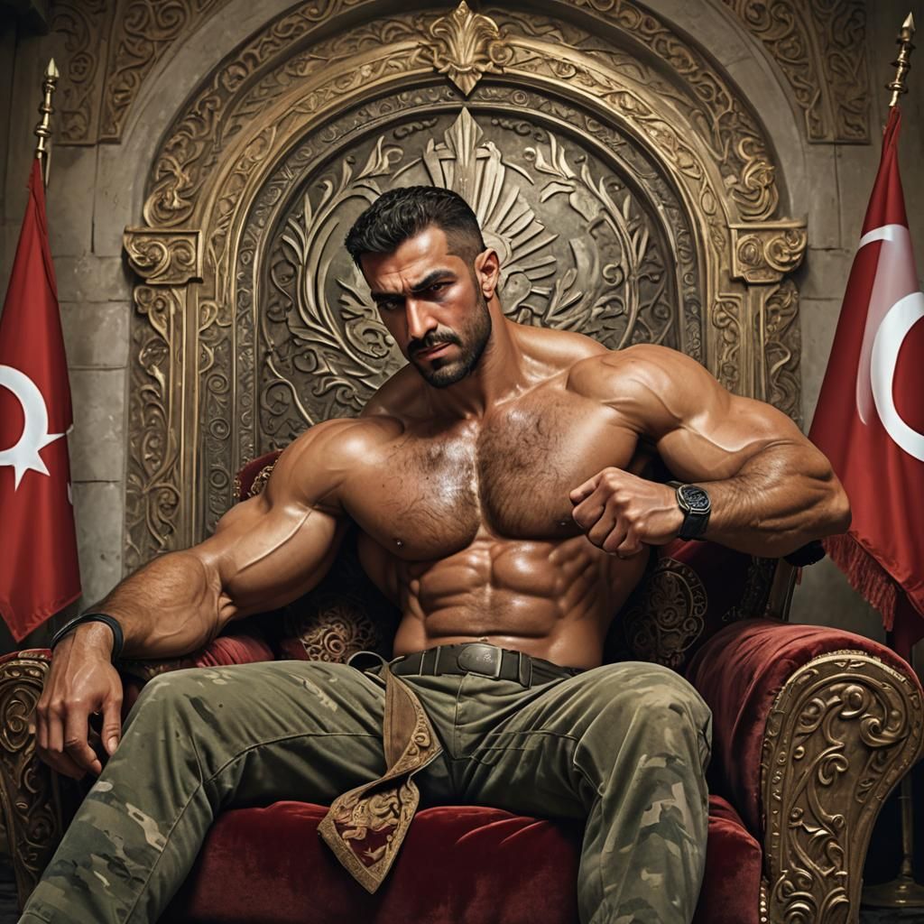 Muscular Soldier Flexing Biceps with Turkish Flag