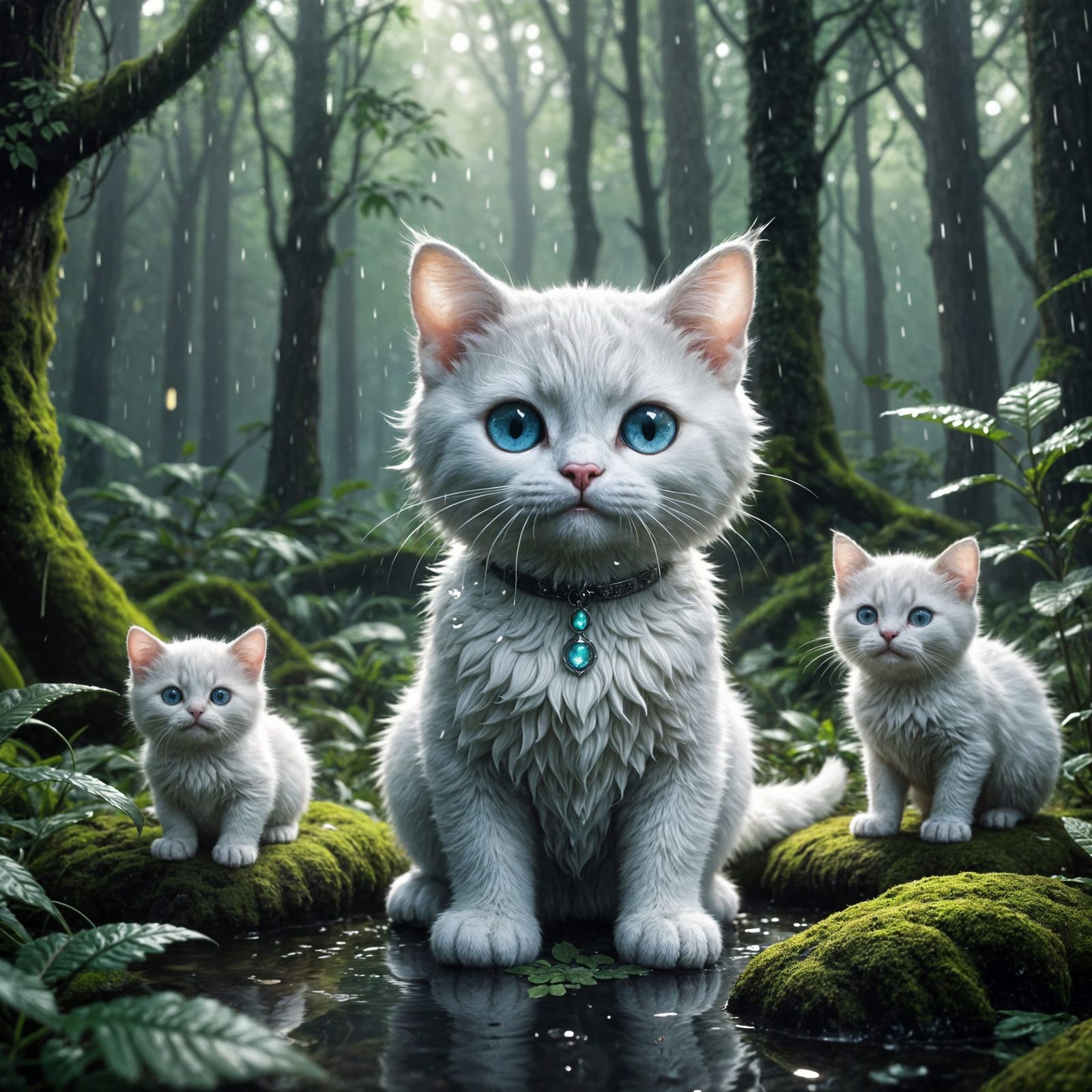 Dreamy Glowing Cat Family in Rainy Forest