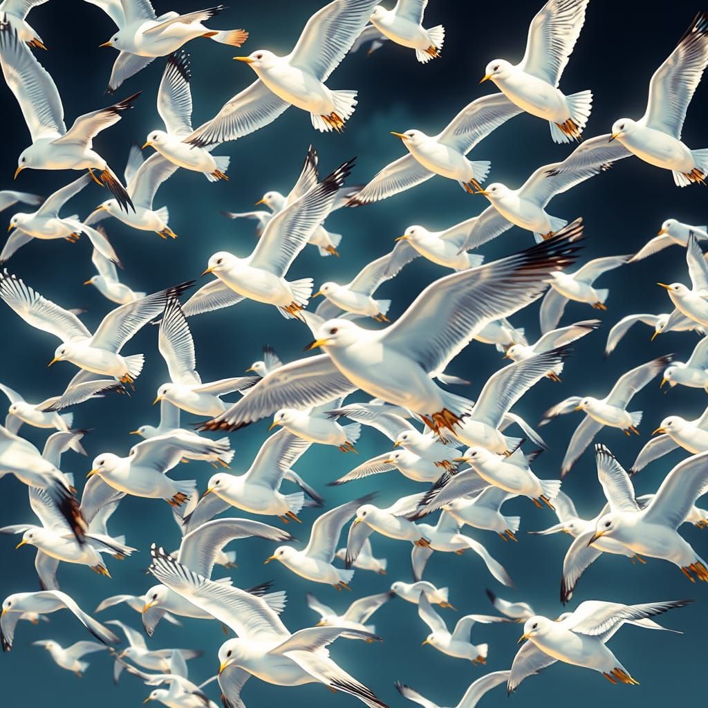 Intricately Detailed Seagulls in Dynamic Lighting Synthetism...