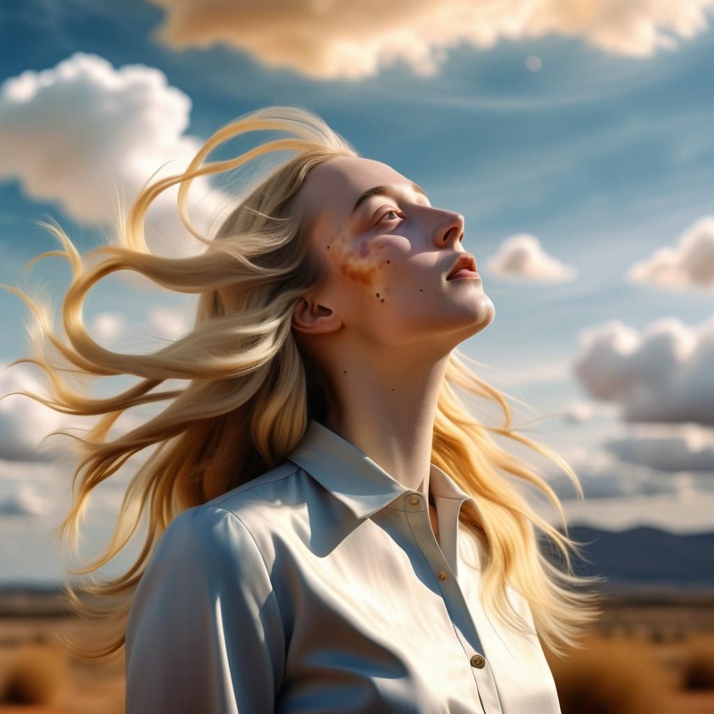 Surreal Blonde Girl Sun in Dreamlike Landscape