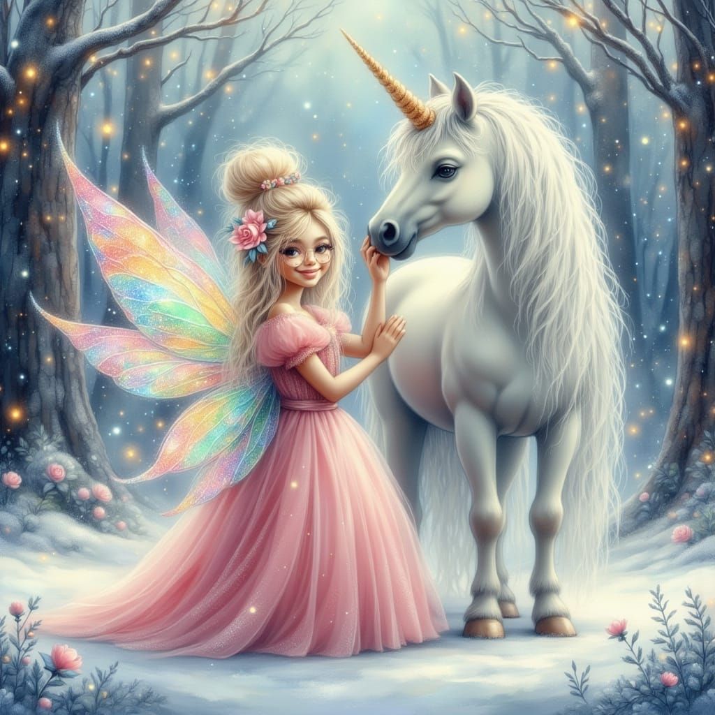 Fairy Princess and Unicorn in Snowy Forest