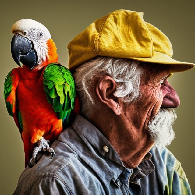 Farmer with Parrot: Bright Digital Art