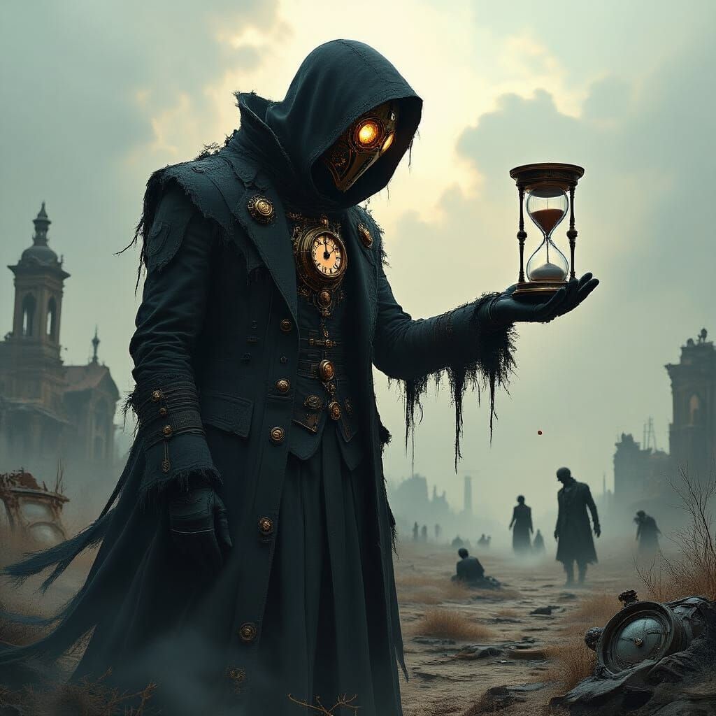 Ominous Time-Siphon Villain in Dystopian Landscape