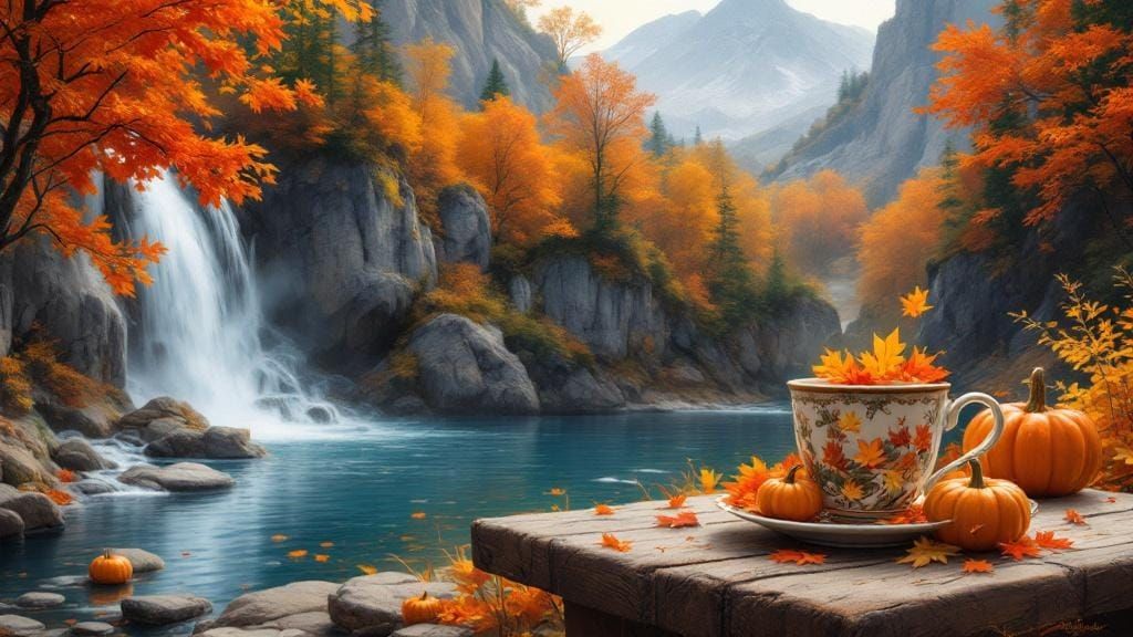 Autumn Landscape with Decorated Cup in Impressionistic Style