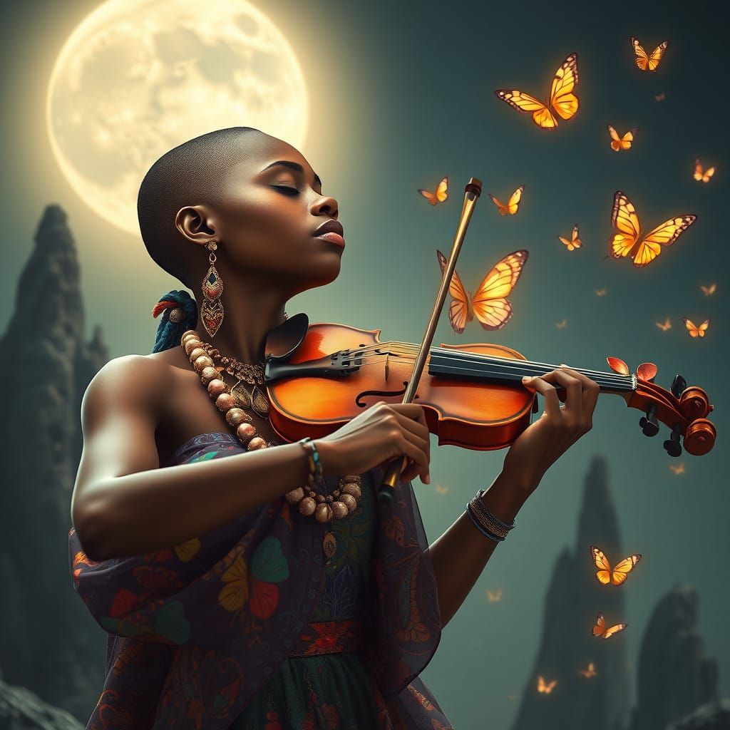 A calm, Afrocentric woman with a bald head, psychedelic boho...