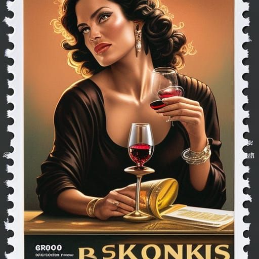 Woman Drinking Wine on Postage Stamp in Black Ink