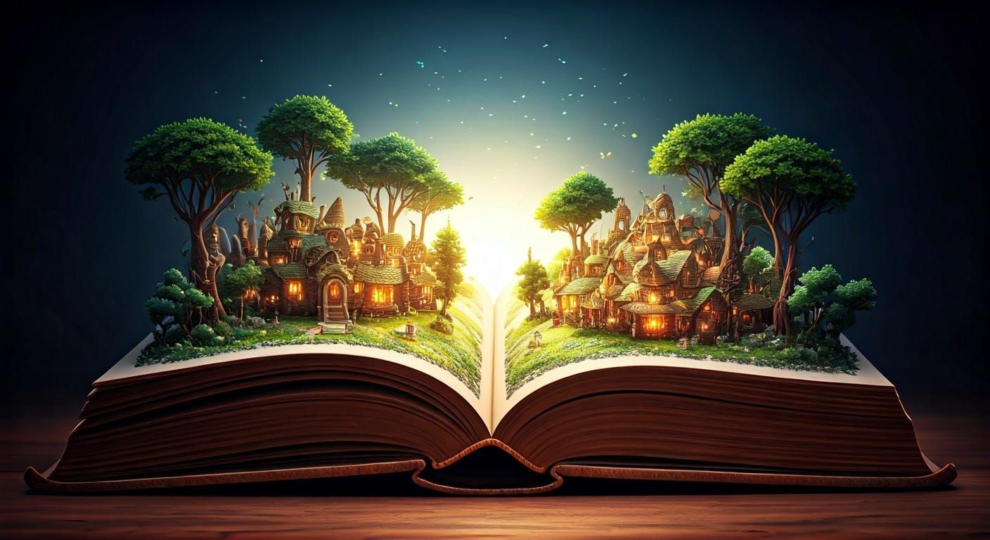 Fairy Village Engraved in Ancient Book, Hyperreal Anime