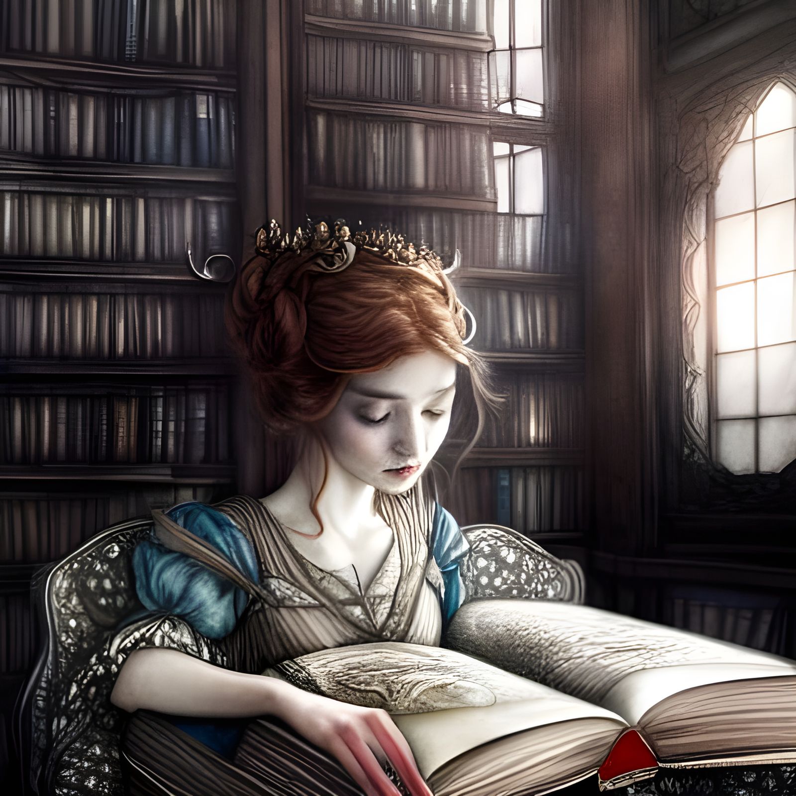Princess Reads Spellbook in Ornate Library