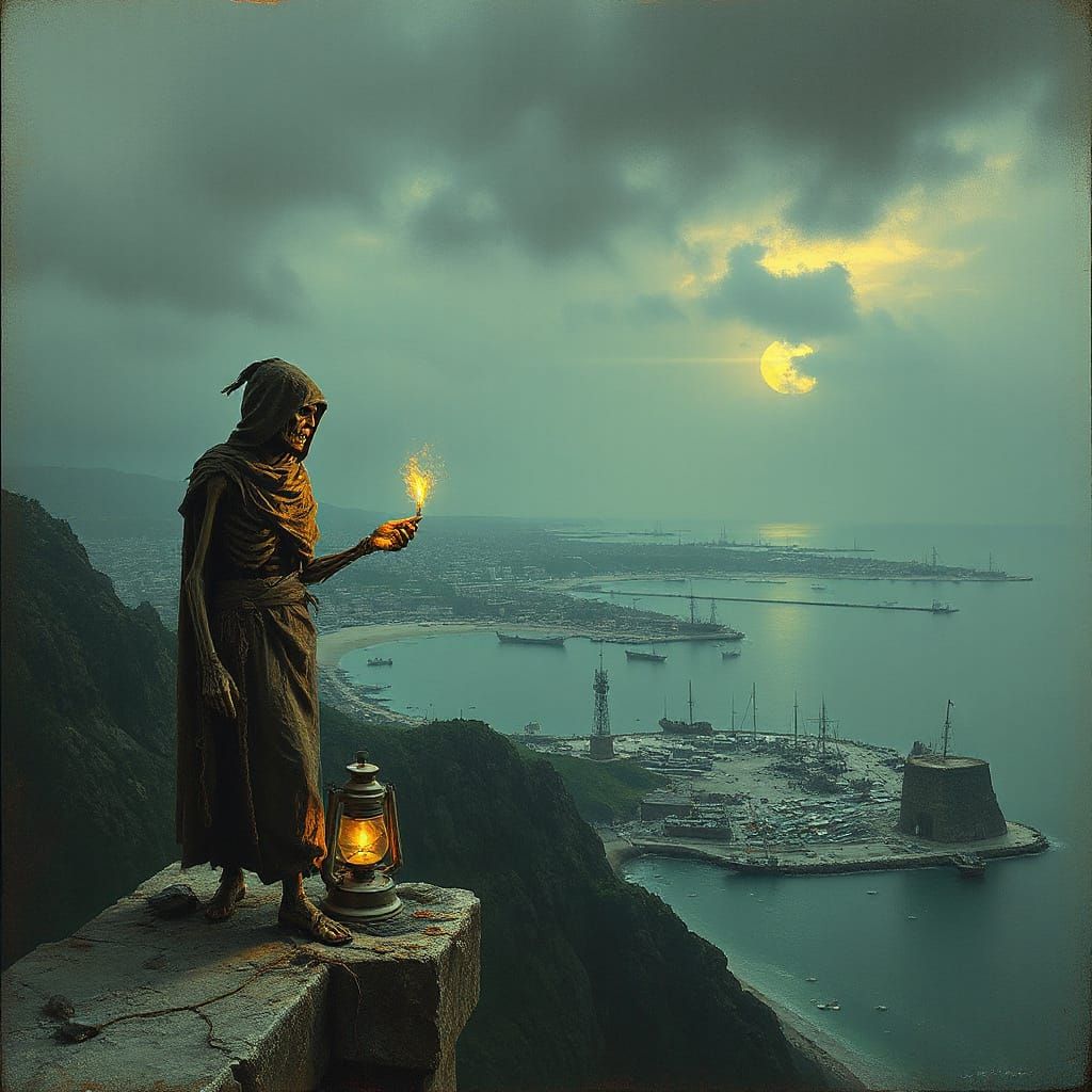 Skeletal Lighthouse Keeper Lights Lantern in Ruined Tower