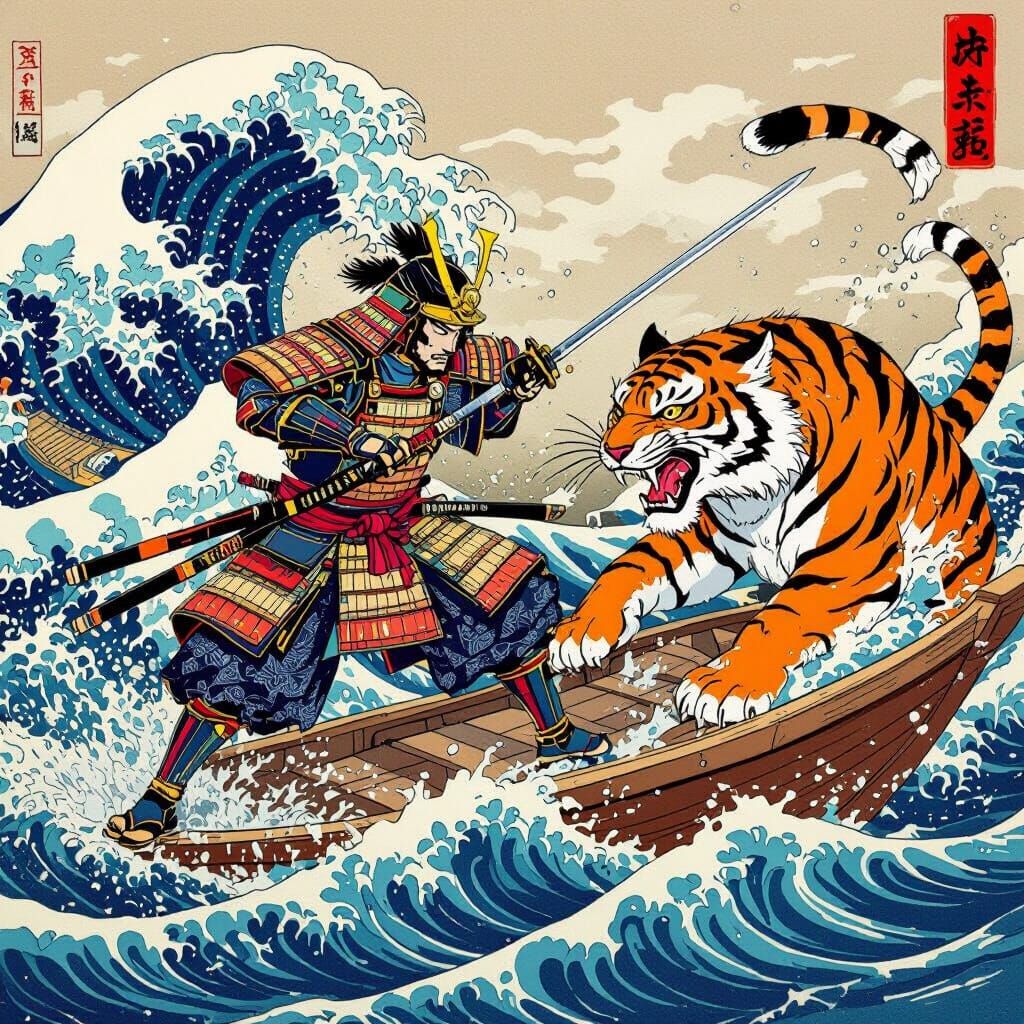 Samurai Battles Tiger-Fish in Hokusai Style