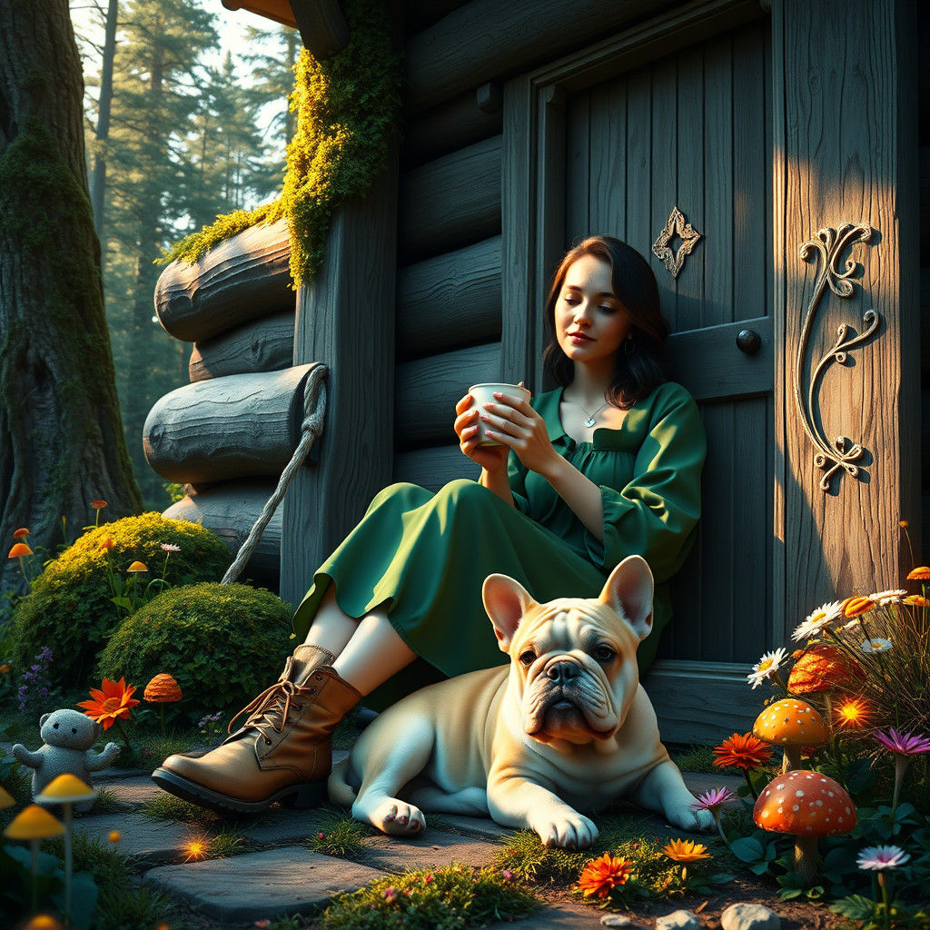 Woman and Bulldog Puppy Outside Rustic Cabin