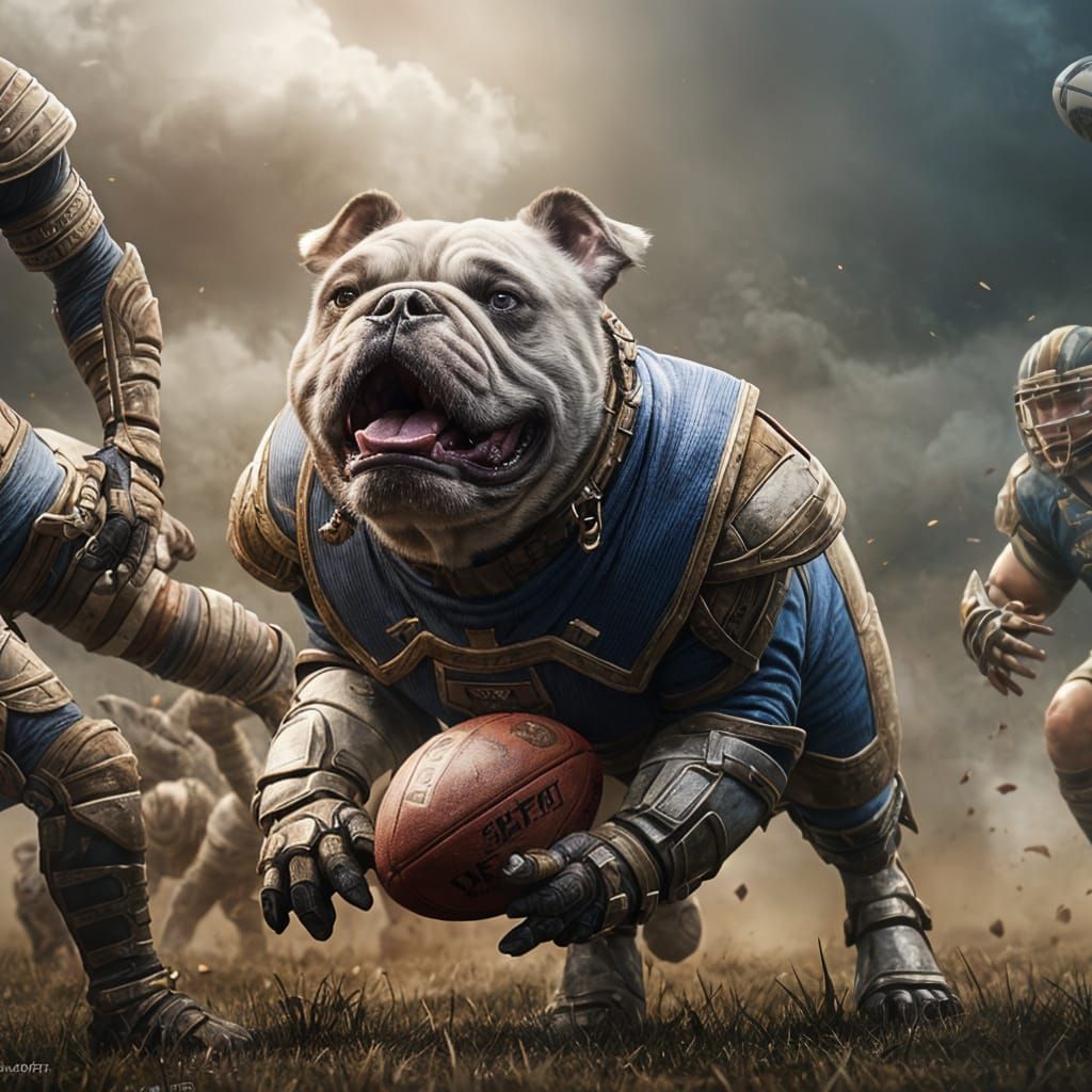 Bulldog Playing Rugby in Detailed Matte Painting