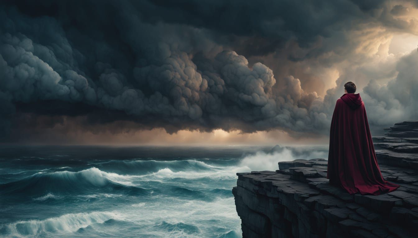 Epic Cinematic Landscape with Lone Figure Overlooking Ocean