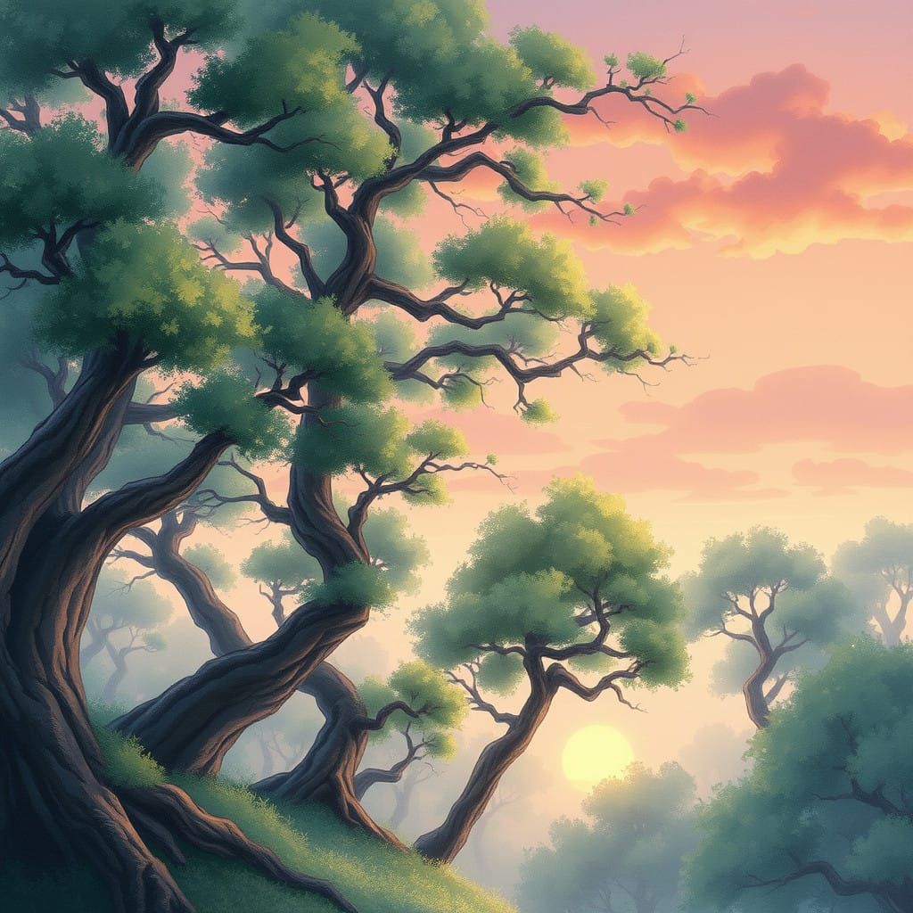 Dreamlike Forest Landscape in Miyazaki-Inspired Watercolor
