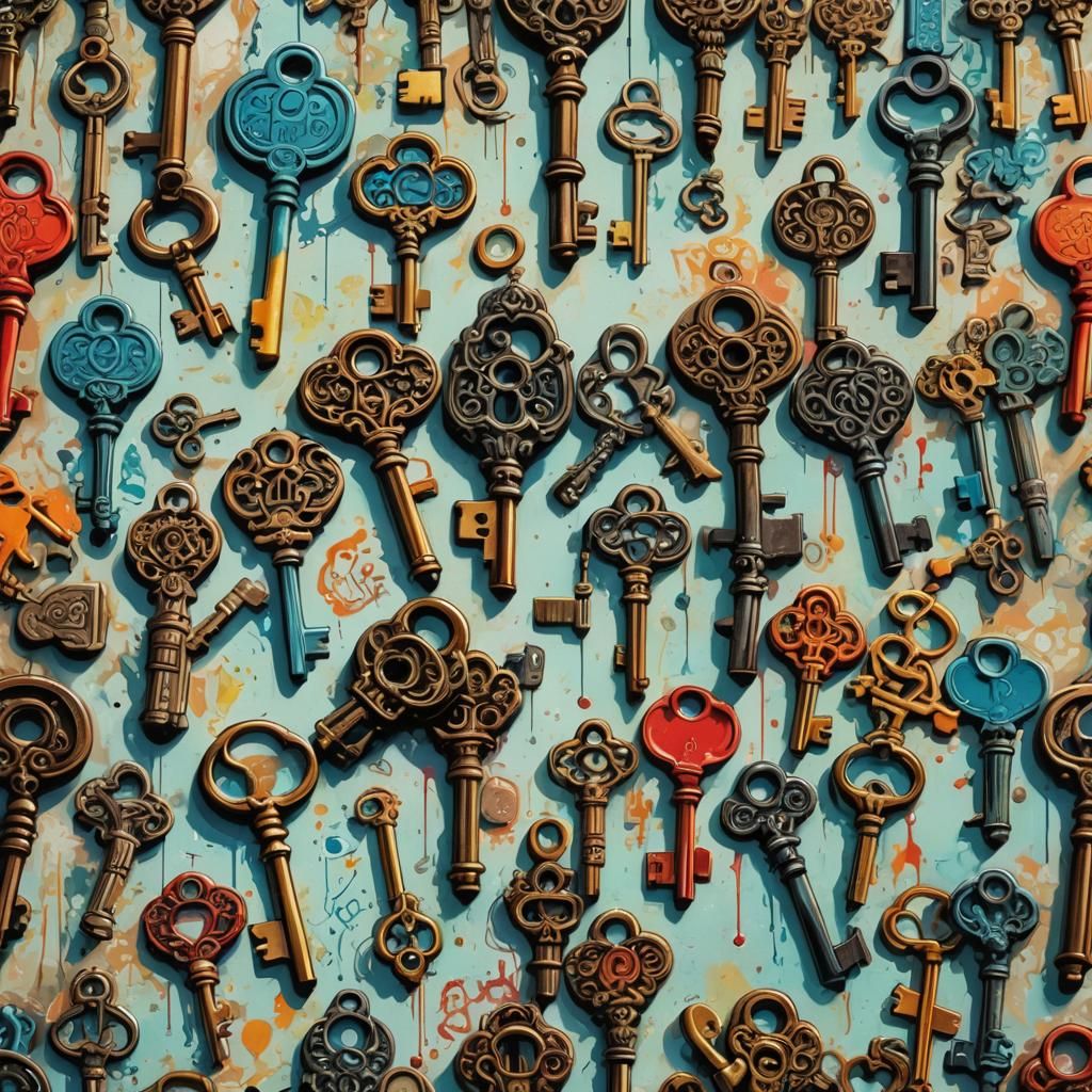 Intricate Antique Keys and Keyhole in Graffiti Art