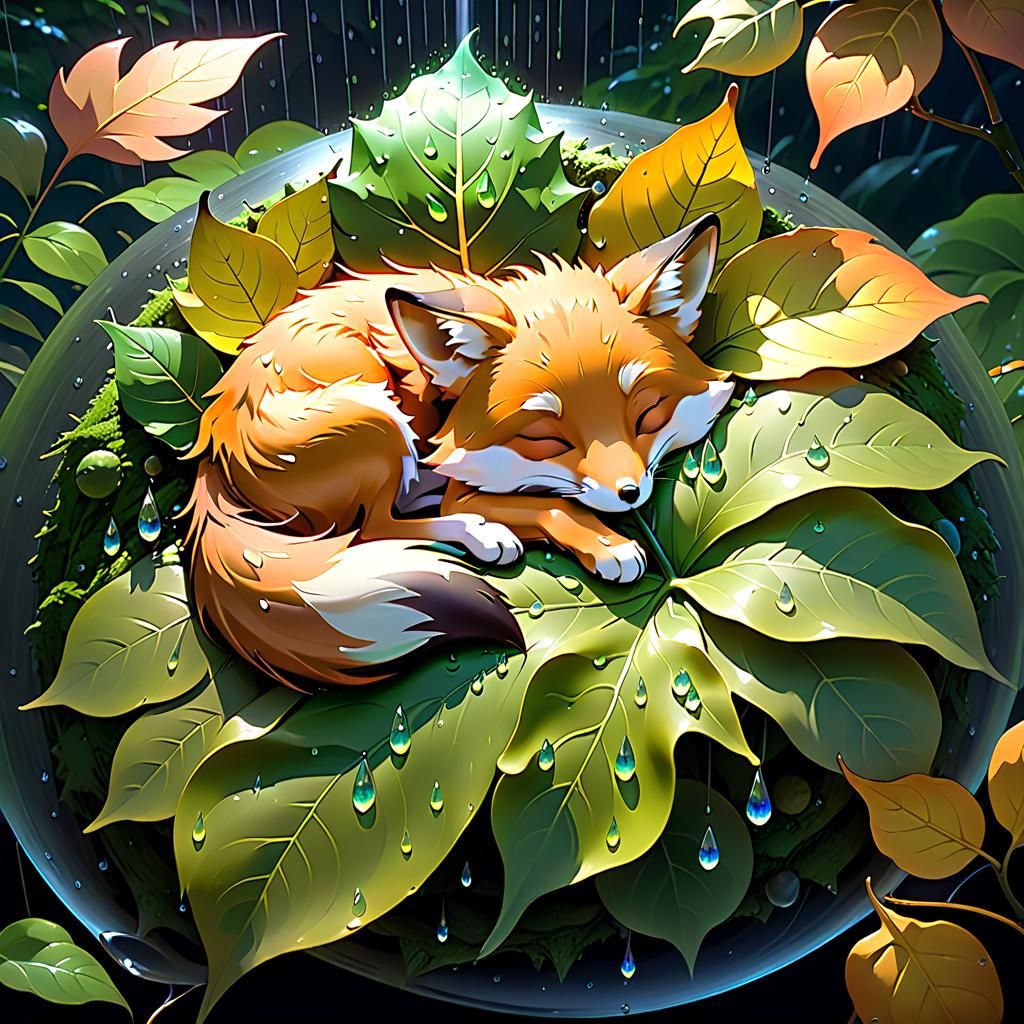 Fox Sleeping in Leaf with Rain, Digital Illustration