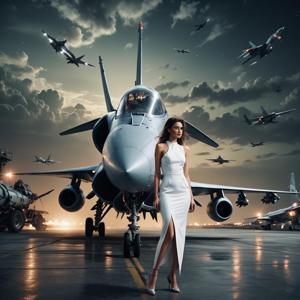 Woman in White Dress with Fighter Jet