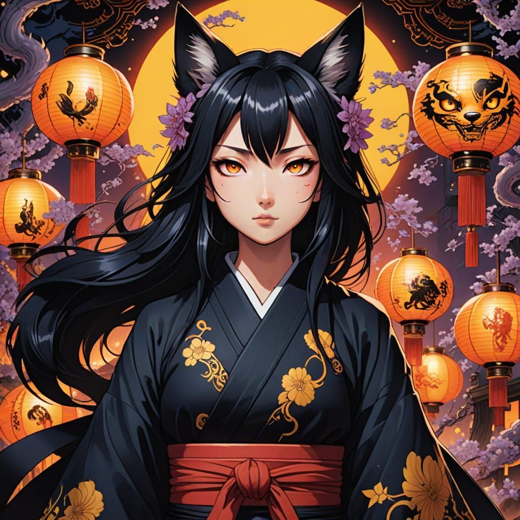 Majestic Black Kitsune Girl in Vibrant Anime Style