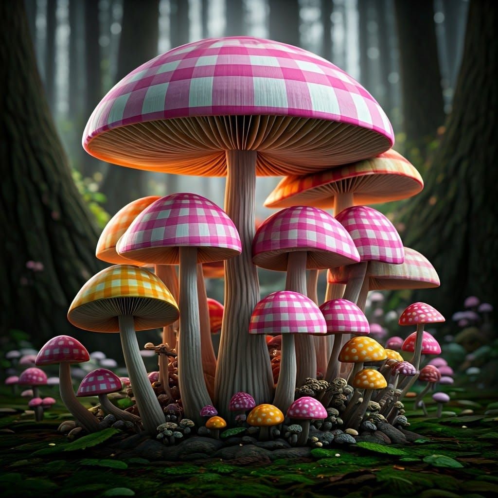 Vibrant Gingham Fungi in a Whimsical Forest