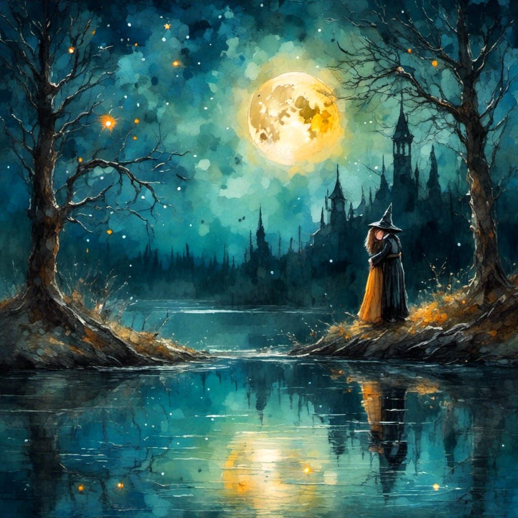 Witch and Wizard's Romantic Lakeside Embrace in Gouache