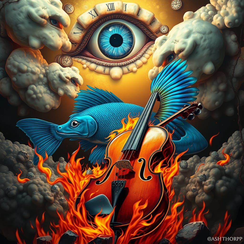 Surreal Dreamscape: Flaming Viola, Winged Fish, Melting Cloc...
