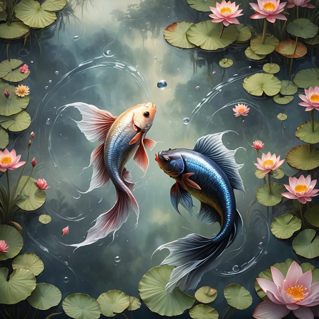 Yin-Yang Beta Fish in Lotus Pond