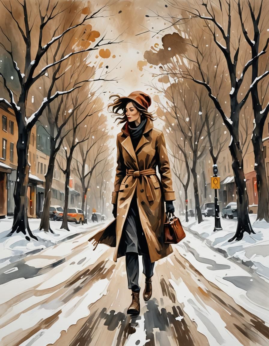 Woman in Snowy Street, Expressionist Mixed Media Art