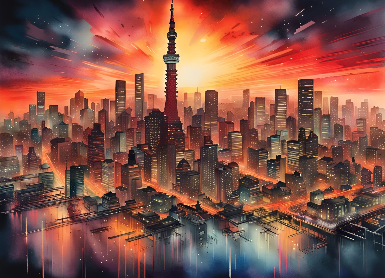 Tokyo City Skyline at Night in Watercolour Style