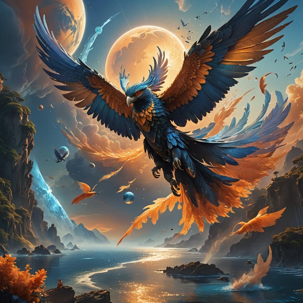 Winged Man Flying Over Blue Planet