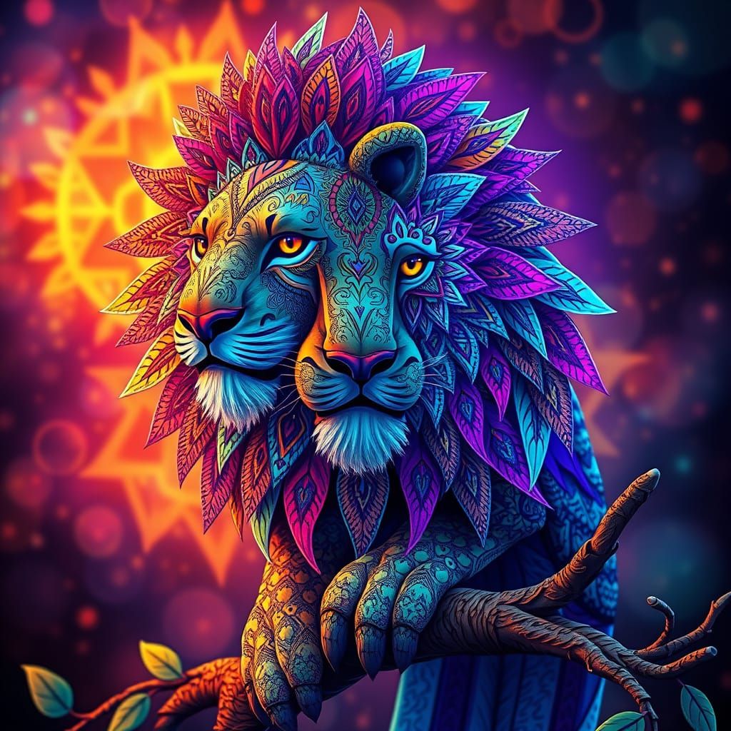 Surreal Double-Headed Lion in Aztec-Inspired Art