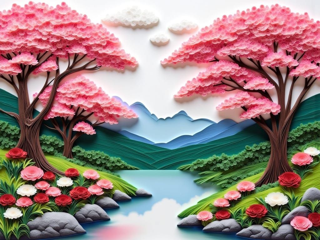 Surreal Quilling Landscape of Cherry Blossoms in Japanese Ga...