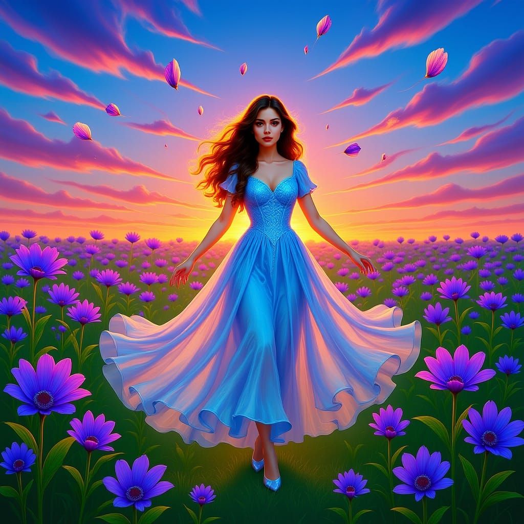Woman in Iridescent Flower Field, Dreamy Aesthetic