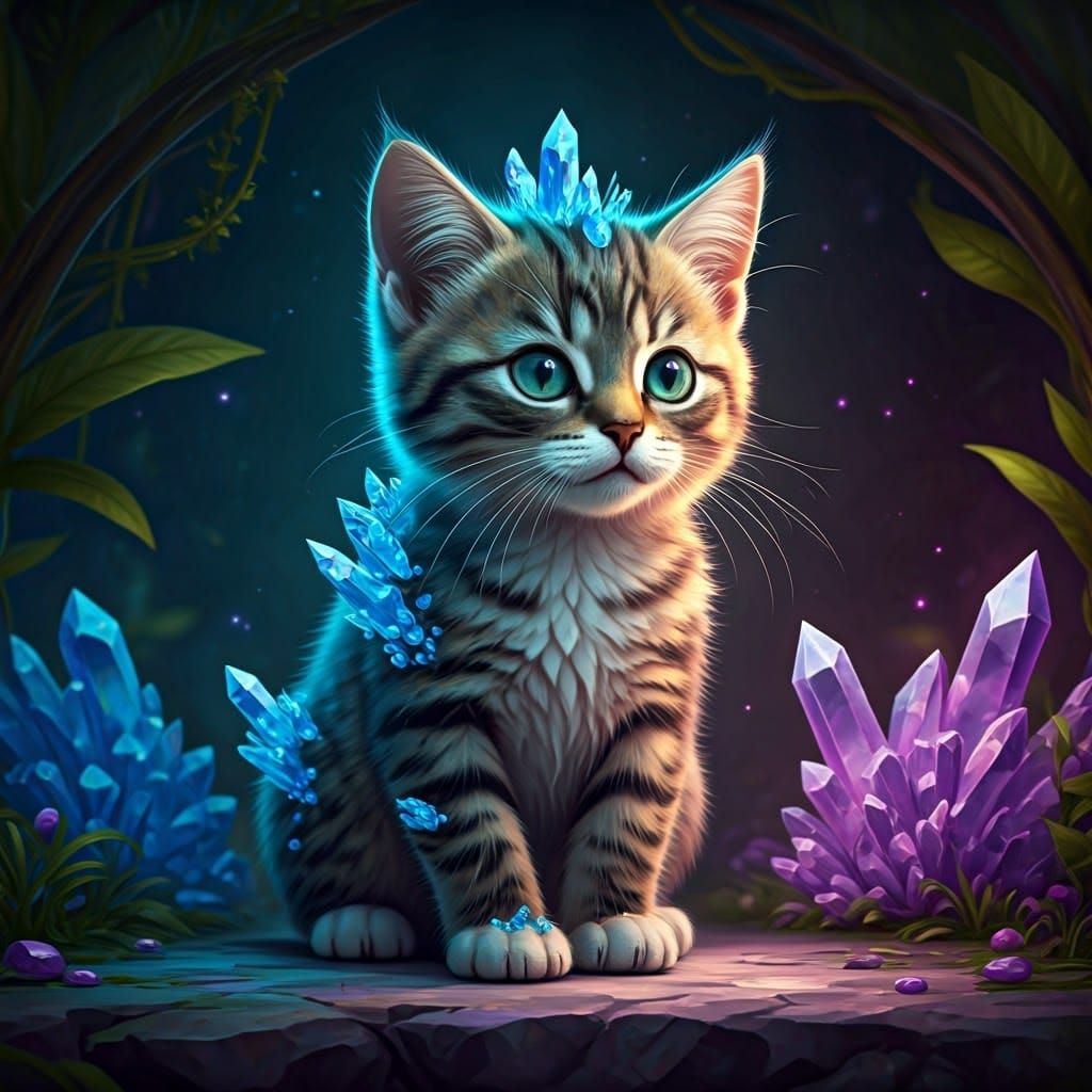 Crystalline Kitten in Mystical Landscape