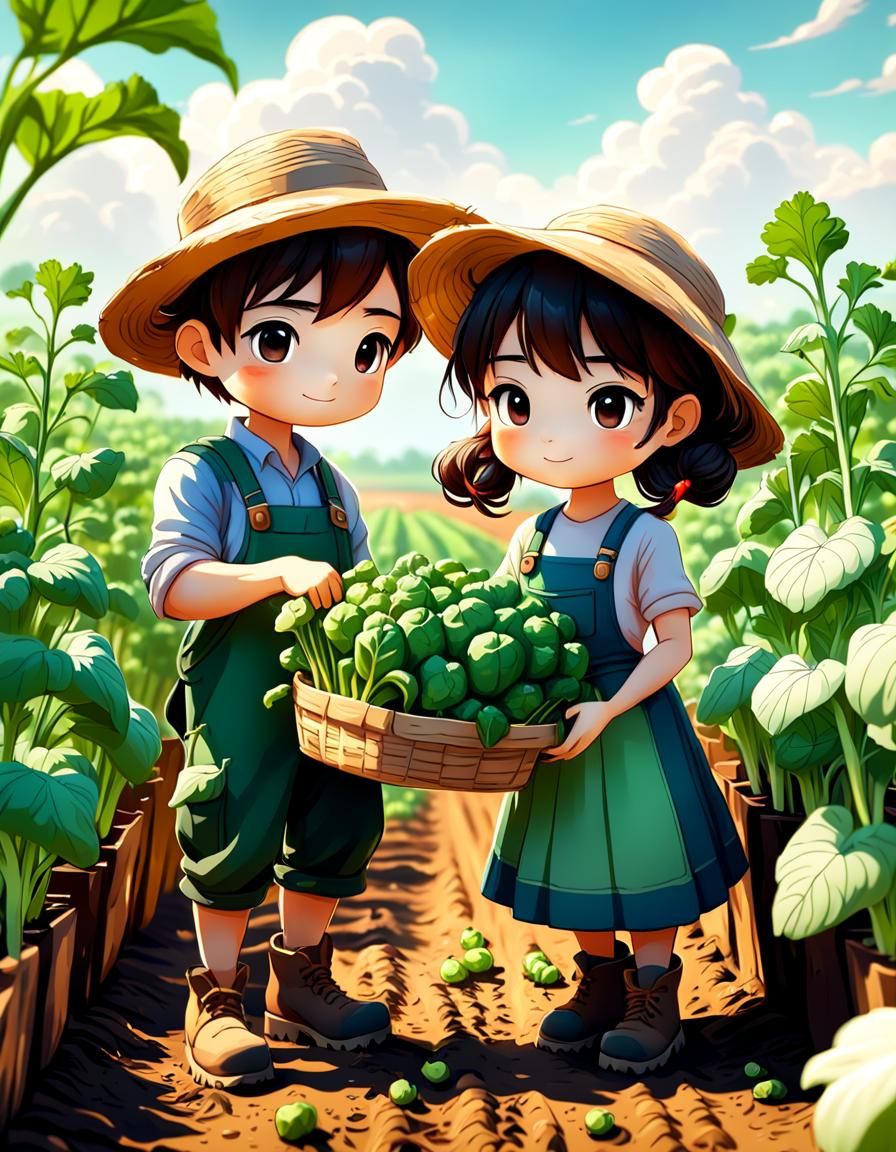 Chibi Farmers Harvesting Vegetables in Tranquil Setting