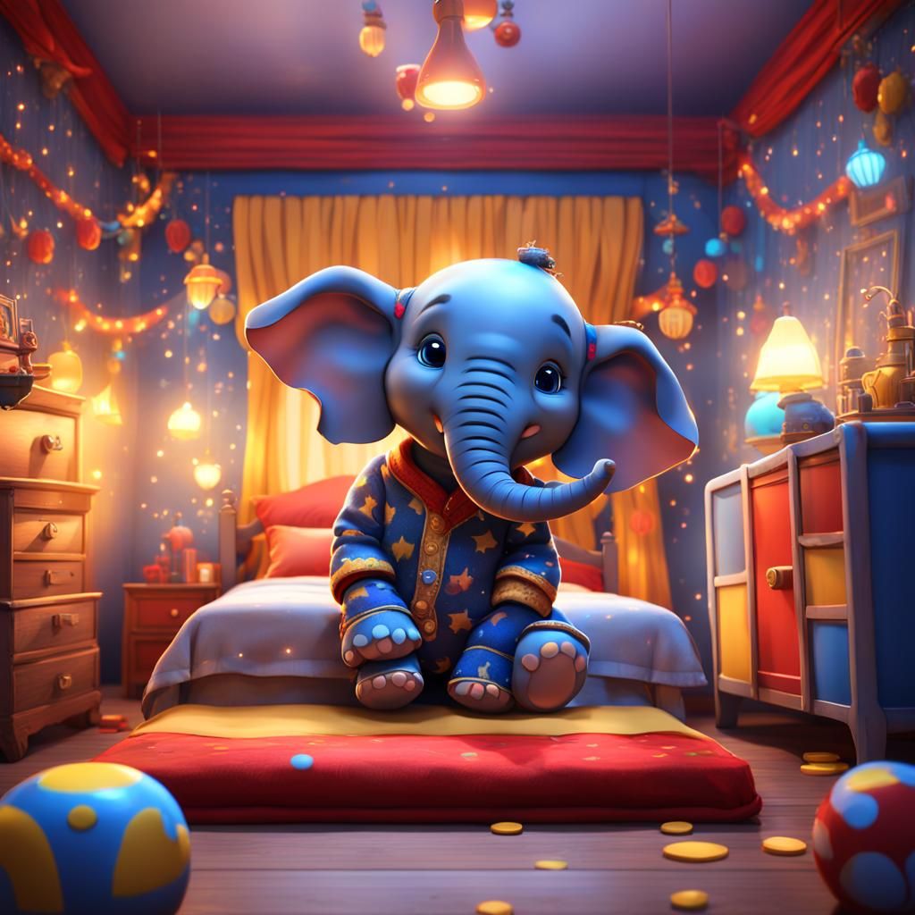 Chibi Elephant in Pajamas: Detailed Matte Painting