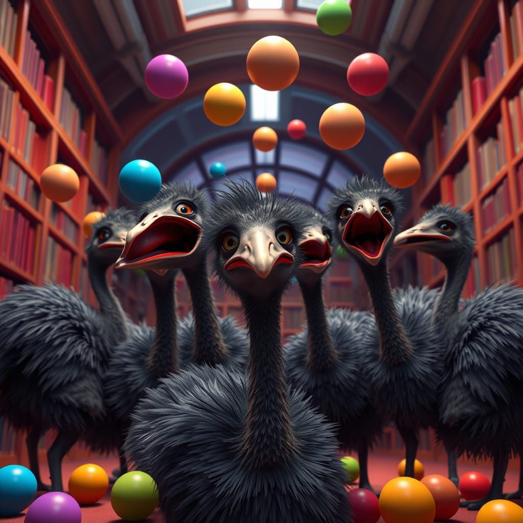 A group of crying emus sobbing big tears juggling balls in a...