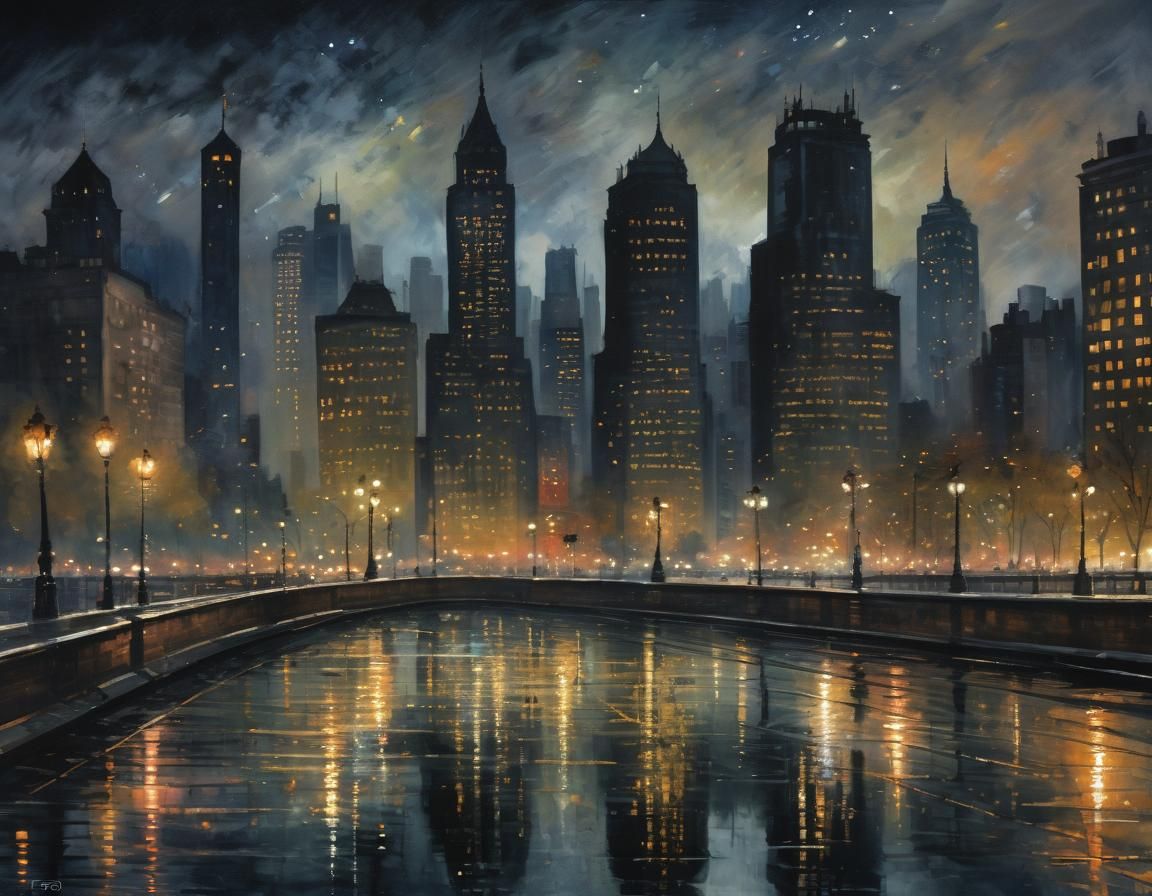 Night Cityscape in Impressionist Gouache Style