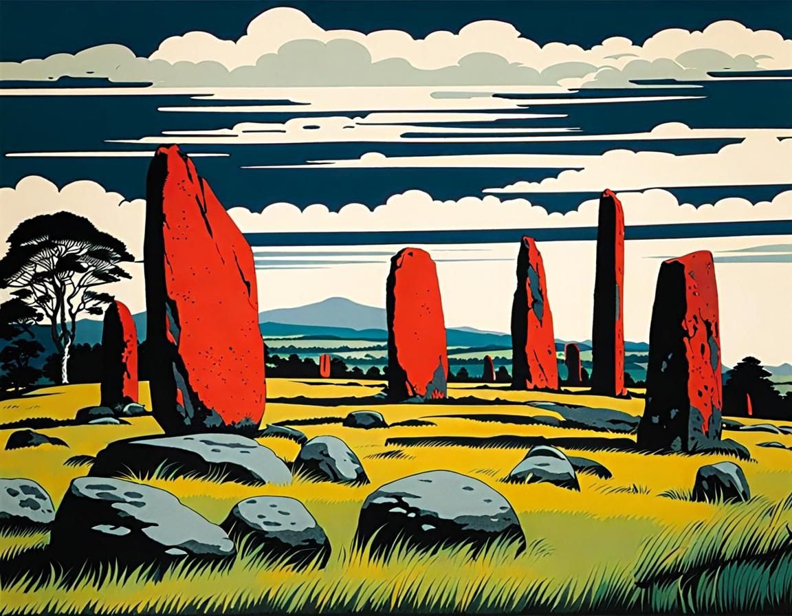 Irish Standing Stones in Ukiyo-e Style