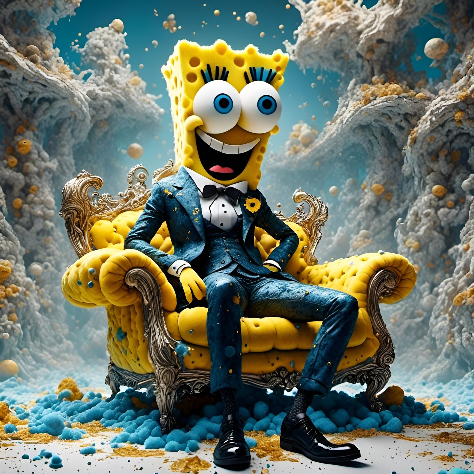 Photorealistic Skinny SpongeBob in Gothic White Room