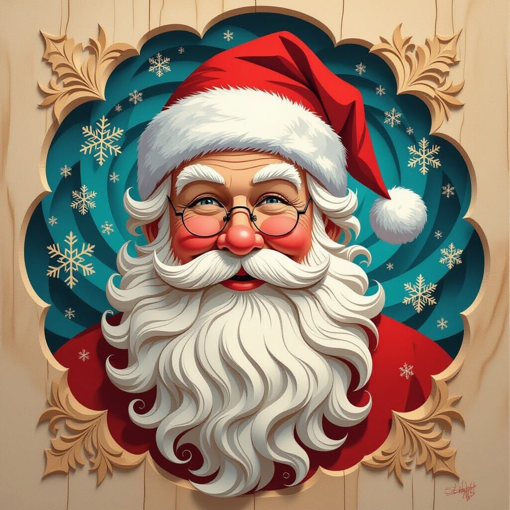 Santa Claus Wood Carving Portrait with Paper Snowflakes