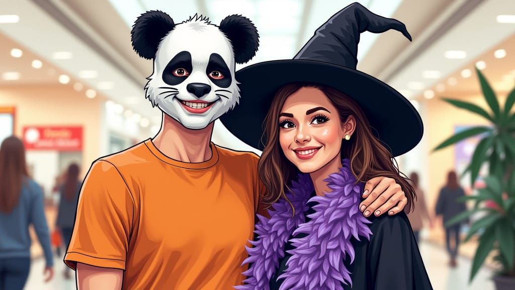 Panda Witch Halloween Photo Sketch with Crosshatching