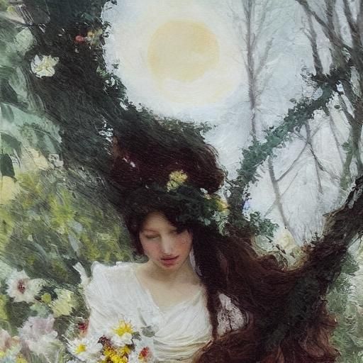 Woman in Gown Gazing at Moon, Pre-Raphaelite Painting