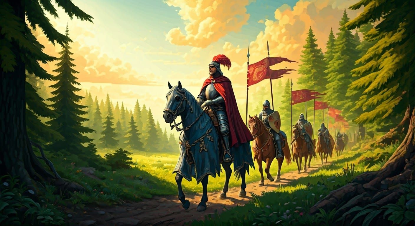 Medieval Knights Ride Through Emerald Forest in Golden-Hued ...