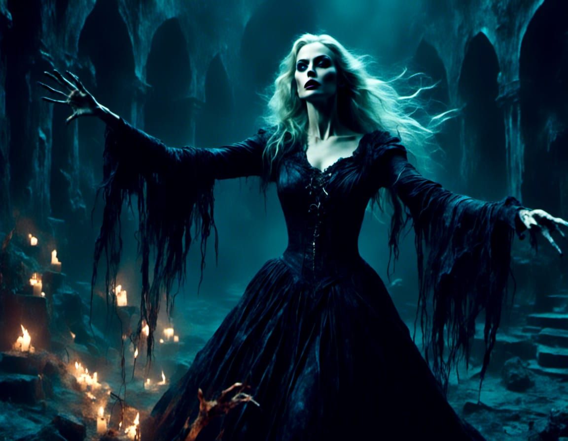 Sinister Sorceress in Gothic Dungeon: Dark Fantasy Art