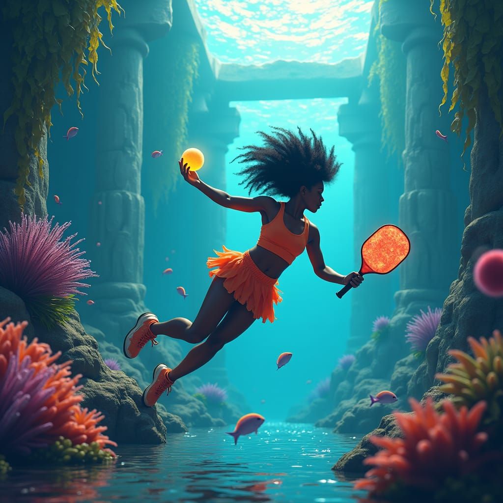 Underwater Pickleball Player in Fantasy Temple Ruins