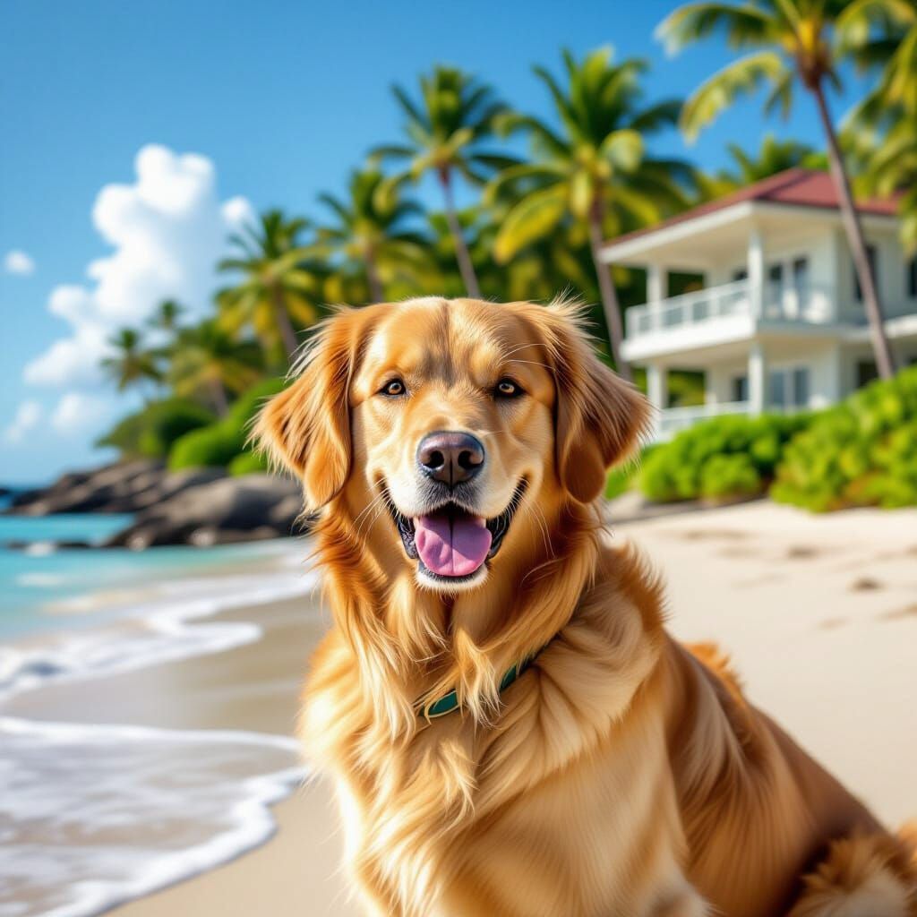 Golden Retriever at Beach with Luxury Home