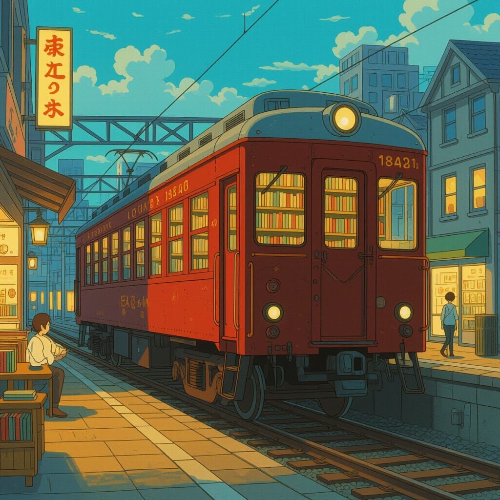 Train Car Library in Vibrant Ghibli-Inspired City