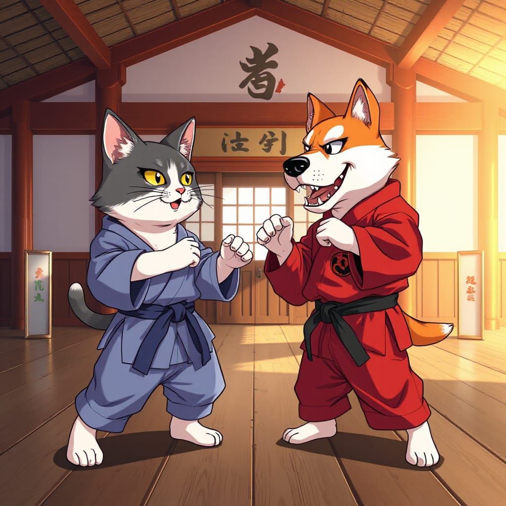Karate Cat vs Dog in Anime Style Dojo